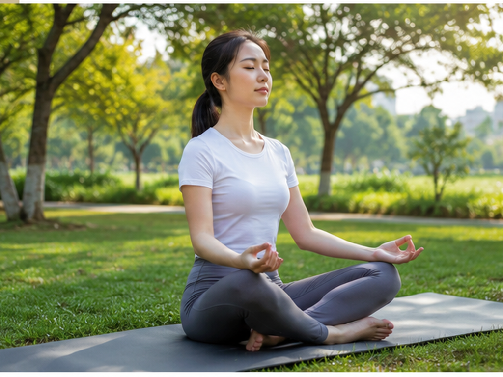 Woman in a seated meditation pose during a yoga session outdoors