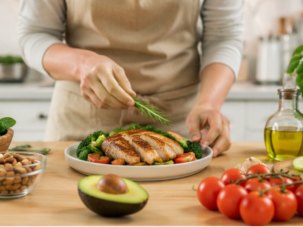 Person preparing a low-carb keto meal with vegetables and meat in the kitchen