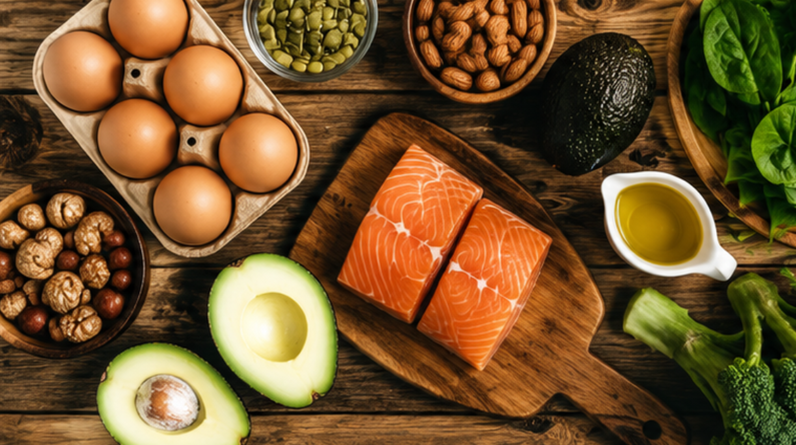 Plate of keto-friendly foods including eggs, avocado, and salmon